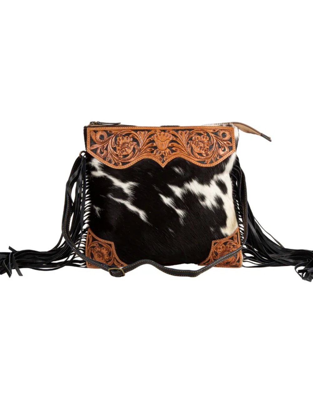 NWT Handcrafted Black and White Cowhide Leather Crossbody Bag